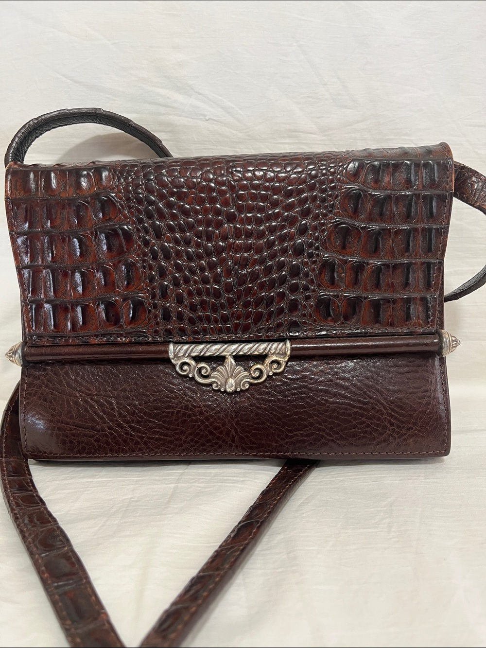 Brighton Dark Brown Croc-Embossed Leather Crossbody with Silver Accent